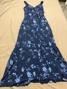 Navy Blue Floral Maxi Dress - Sleeveless V-Neck